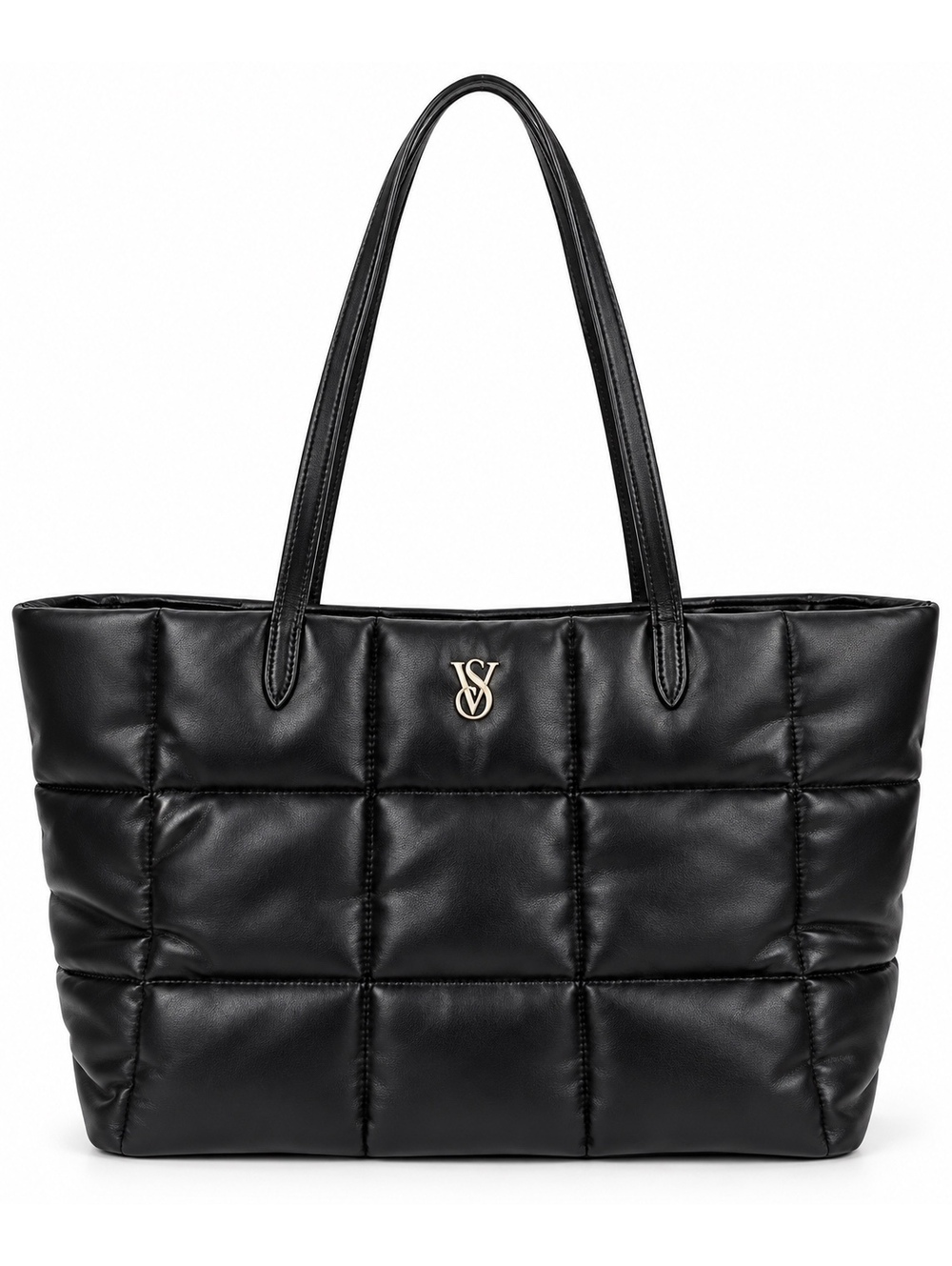 Victoria’s Secret Black Quilted Puffer Tote Bag Gold VS Logo Shoulder Purse